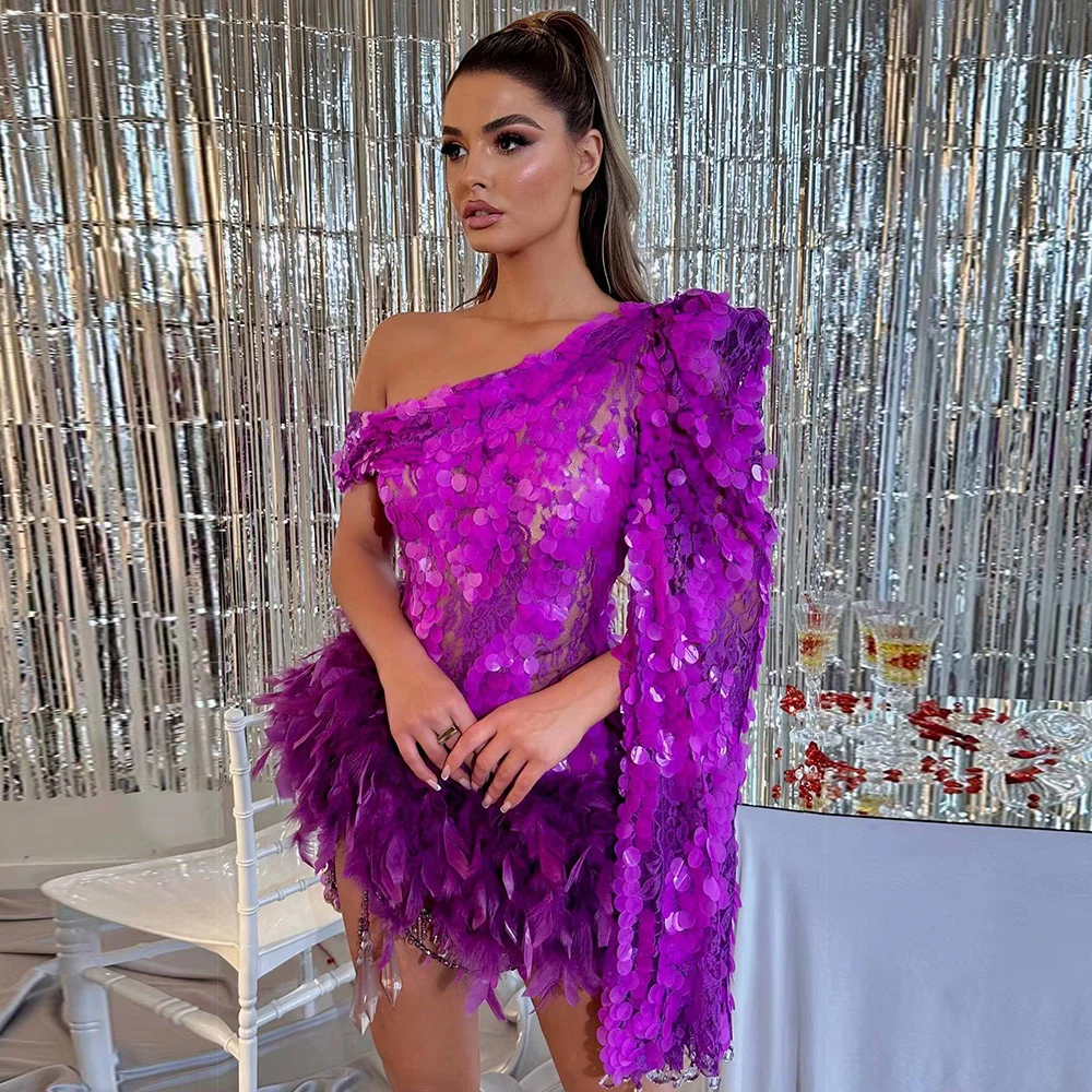 Purple sequined feather dress, a glamorous and eye-catching choice for prom night.