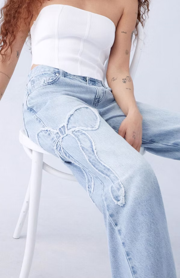 Bow Embroidered Baggy Denim Jeans
