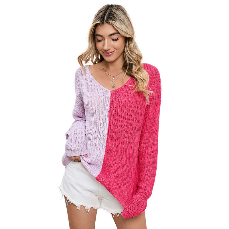 Thumbnail: Contrast Color V-Neck Long-Sleeved Pullover