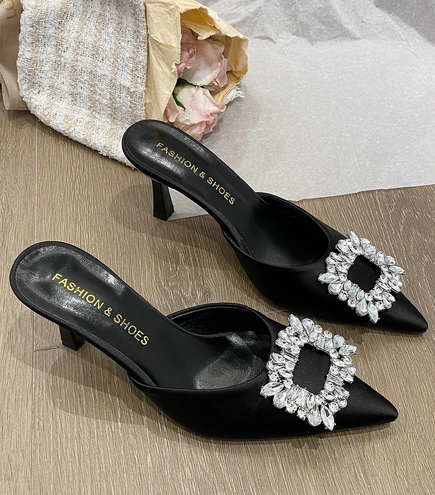 Square buckle heels - Sophisticated closed toe pumps with a modern square buckle and eye-catching rhinestone details.