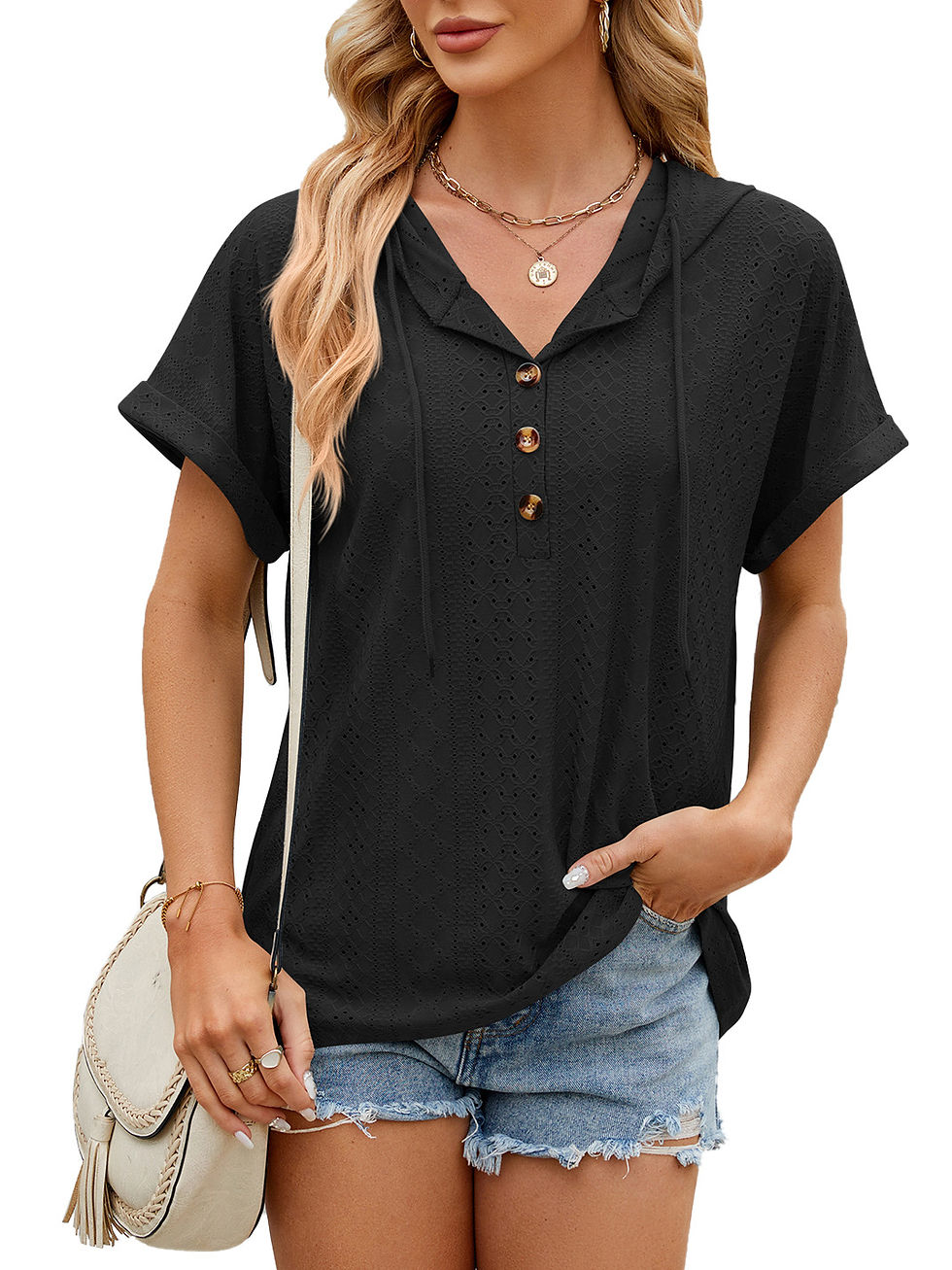 Thumbnail: Hooded Button-Up Knit T-Shirt