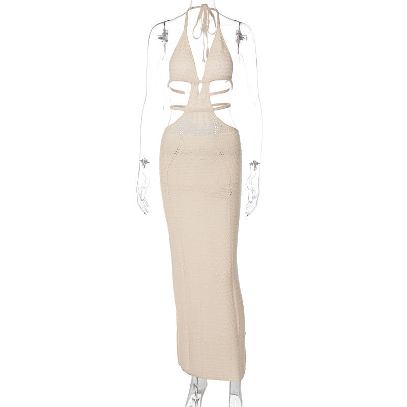 Thumbnail: Halter Chest Wrap Hollow Out Lace-Up Dress