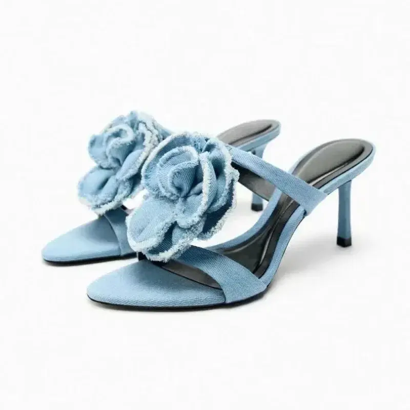 Thumbnail: The Botanical Blue – Denim Flower Round Open-Toe Slippers