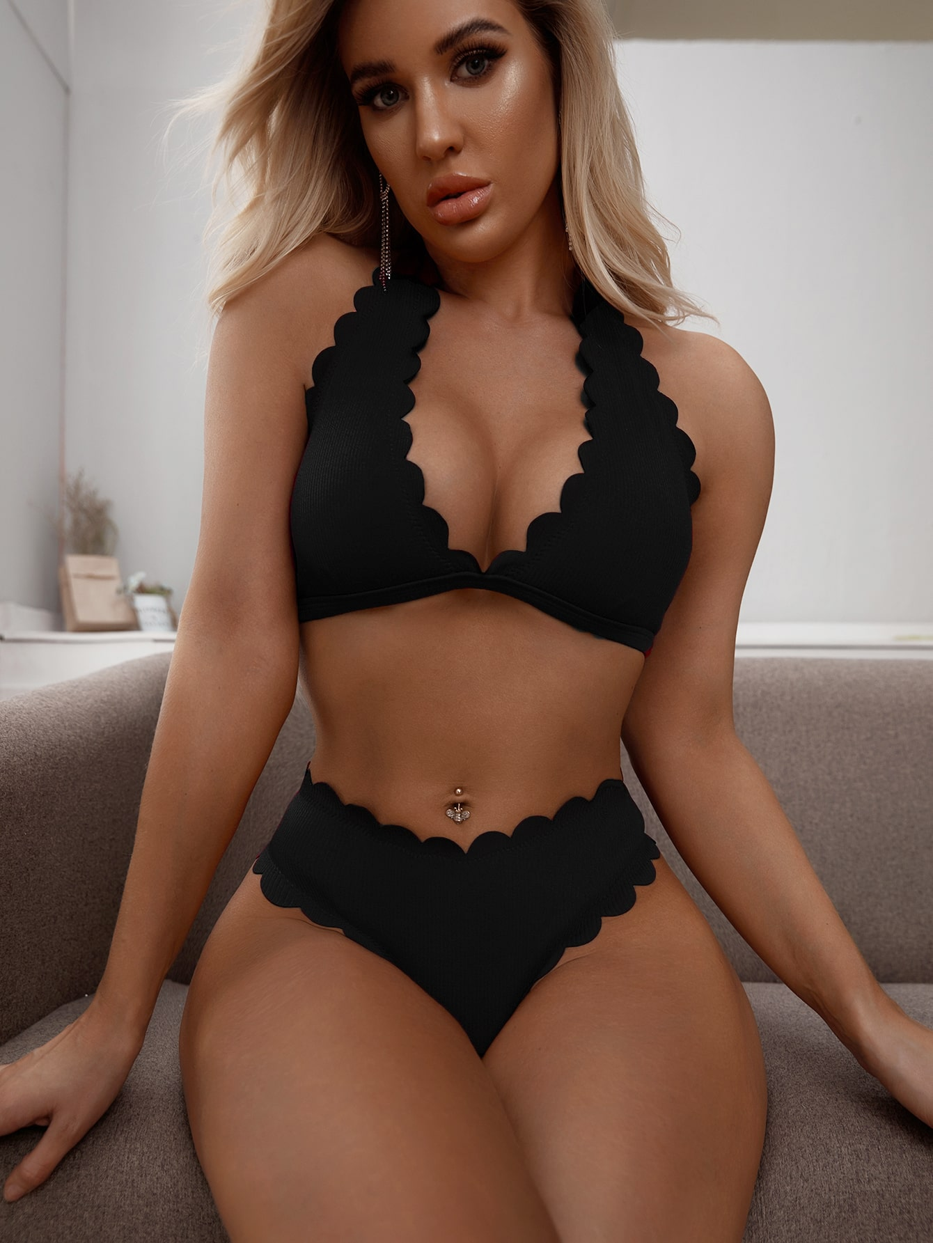 Cute Black Scallop Trim Halter Bikini Set