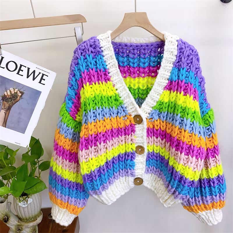 AuraVibe – Rainbow Bliss Hand-Knit Cardigan