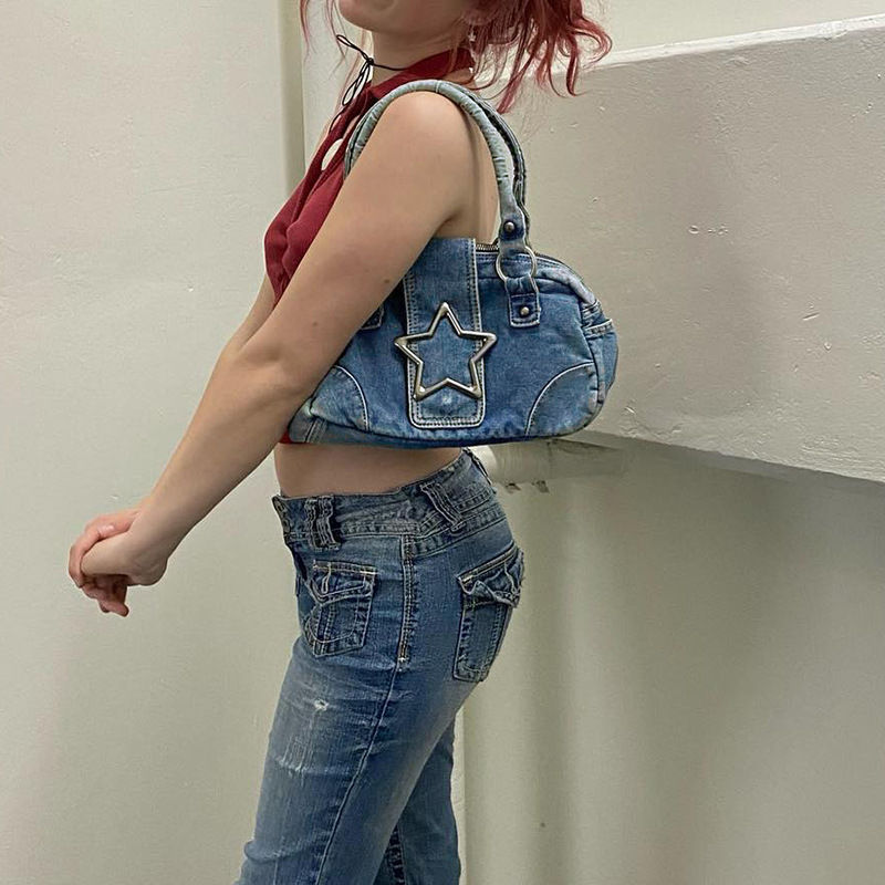 Thumbnail: Star-Decor Vintage Denim Oval Handbag