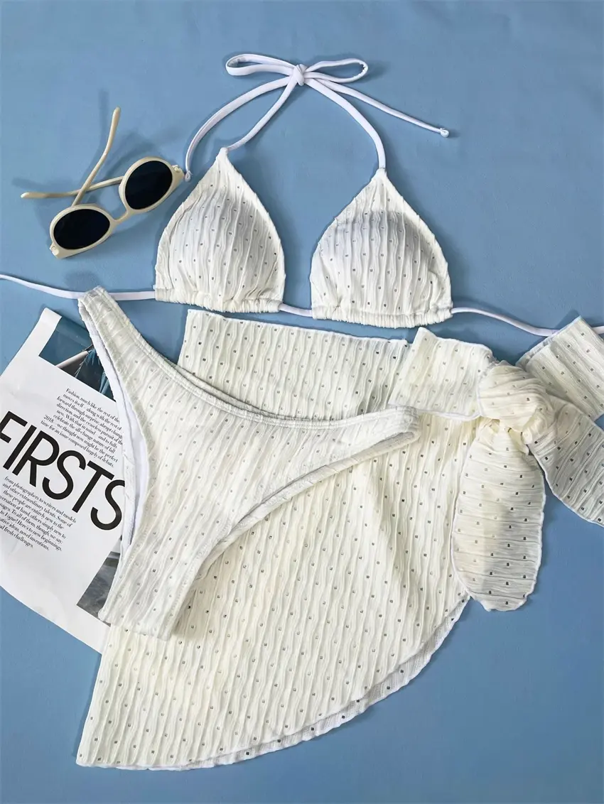 Thumbnail: The Luminous Layer: Meshed 3-Piece Bikini Set with Mesh Skirt