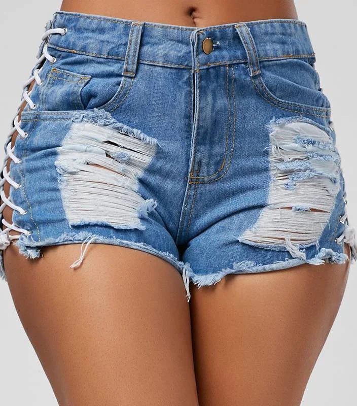 Bohemian Lace-Up Denim Shorts - Trendy High-Waisted Denim Shorts with Lace-Up Front and Boho Style, Perfect for Casual Summer Outfits