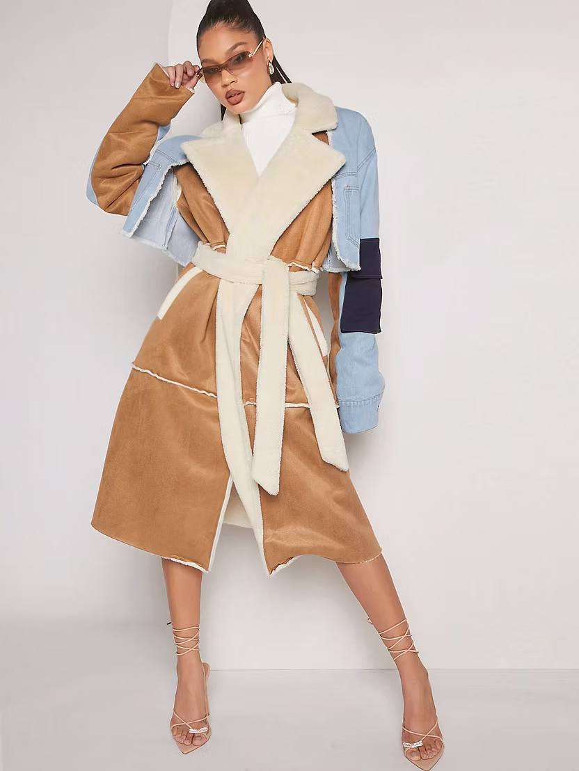 Multicolor Colorblock Belted Coat