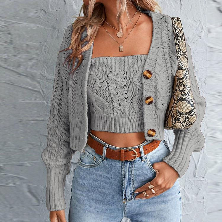 Thumbnail: Crocheted Pullover & Patchwork Button Cardigan Set