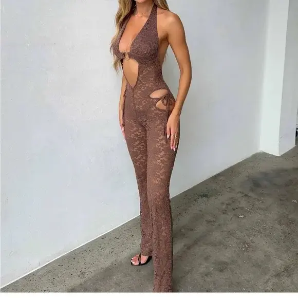 Thumbnail: Lace Flare Halter Jumpsuit