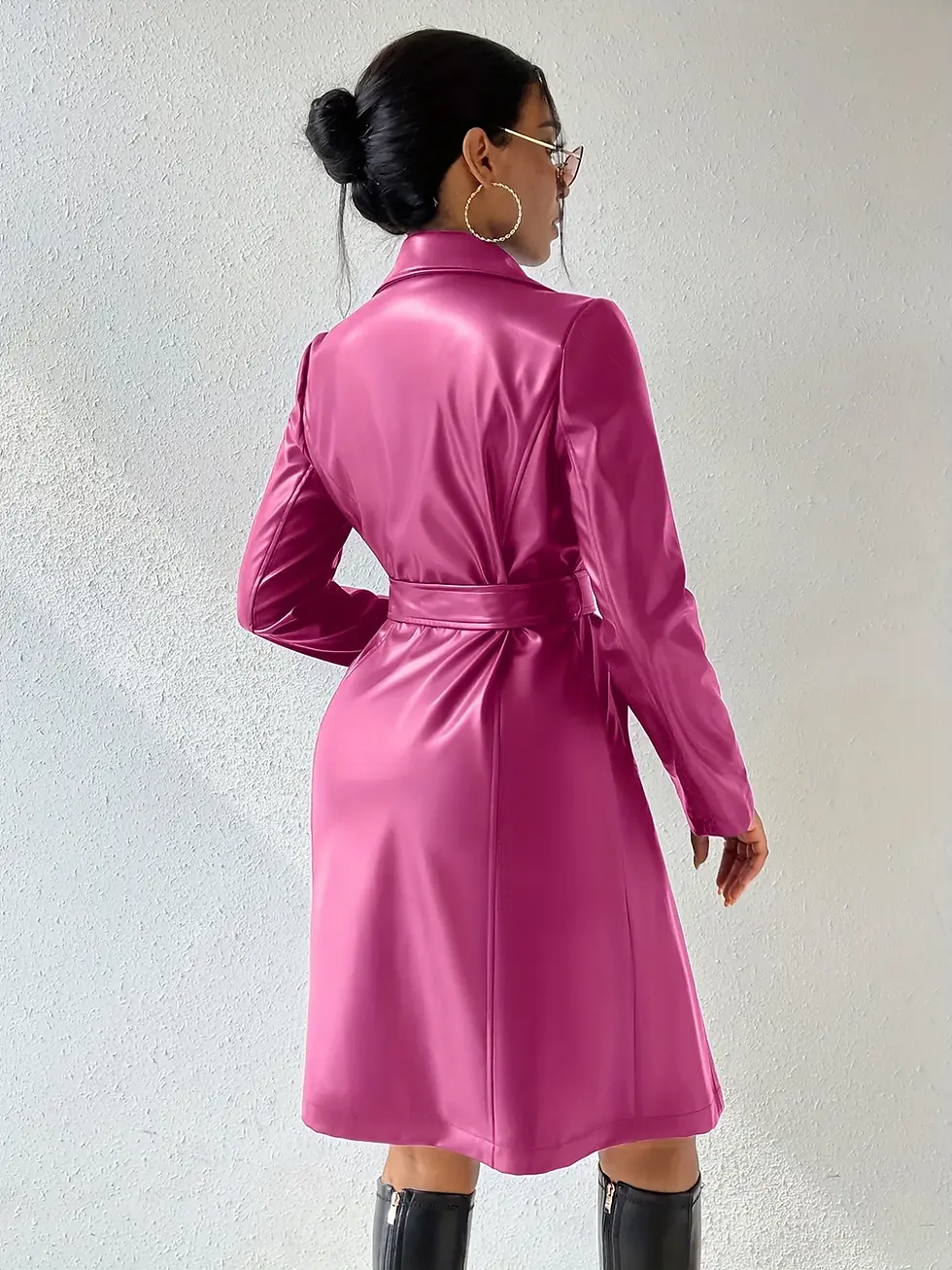 Thumbnail: Leather Deep-V Trench Coat with Fur Trim