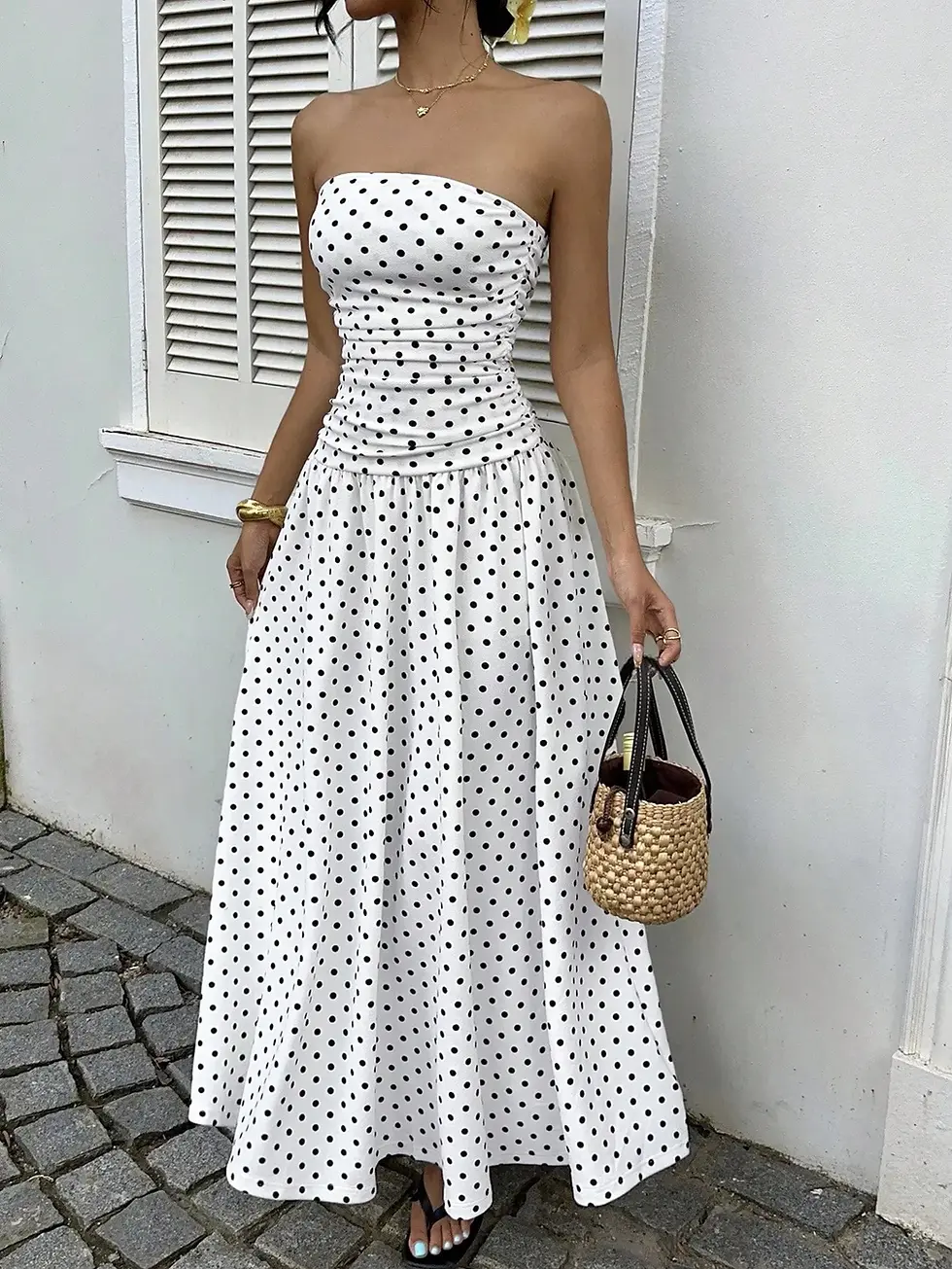 Thumbnail: Polka Dot Ruffle Hem Strapless Maxi Dress