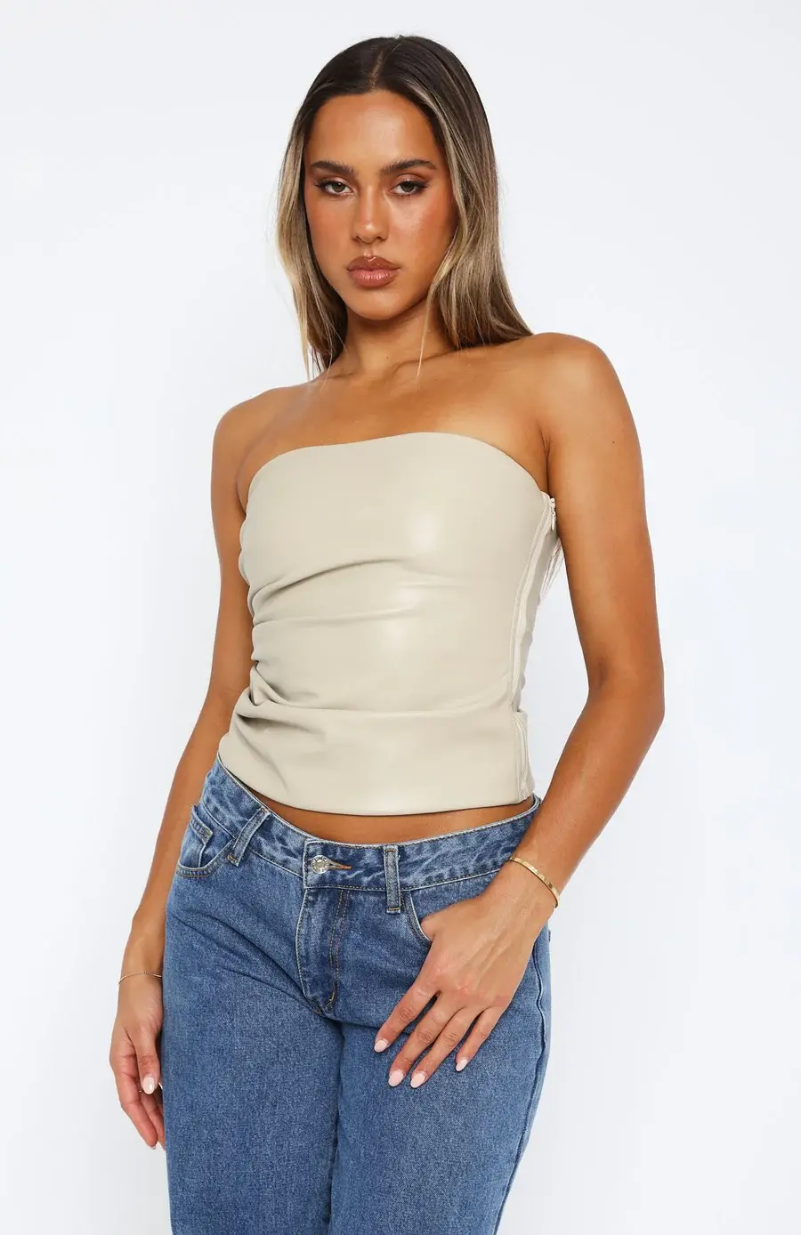 Thumbnail: AuraCore – Leather Ruched Corset Crop Top
