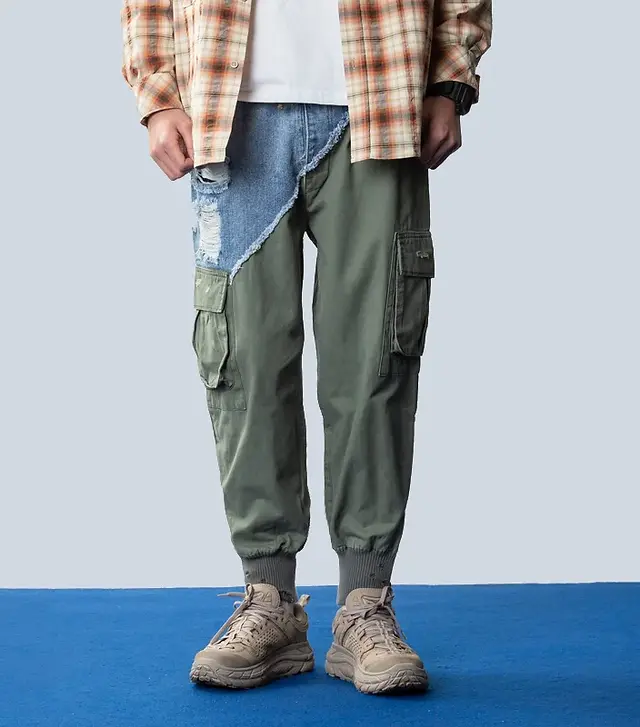 Army Green - Denim Blue Contrast Cargo Trousers with Multi-Pockets - Stay stylish and organized with these versatile cargo trousers featuring a contrast design and multiple pockets for your essentials