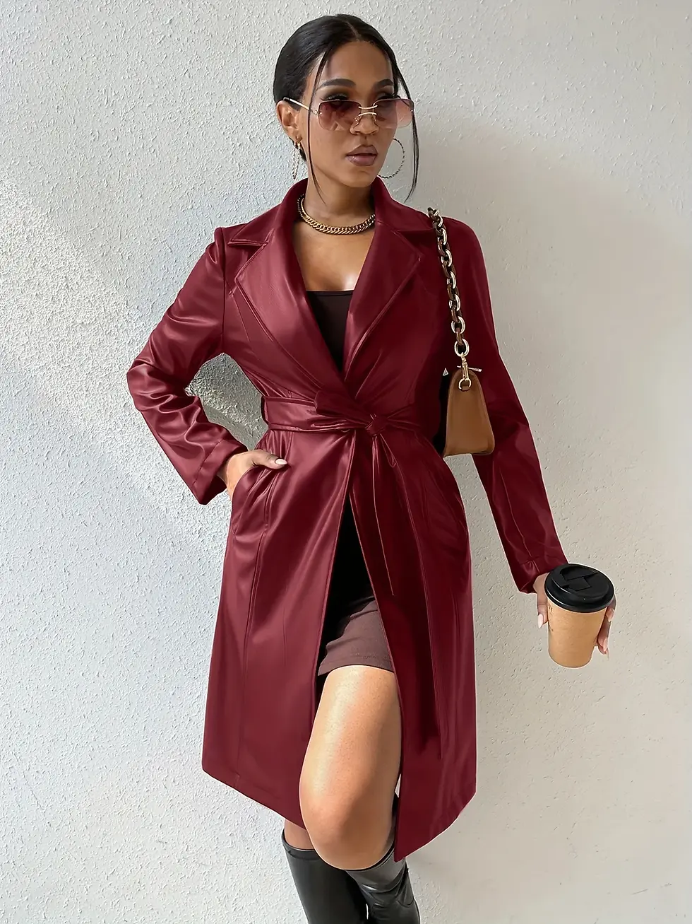 Thumbnail: Leather Deep-V Trench Coat with Fur Trim