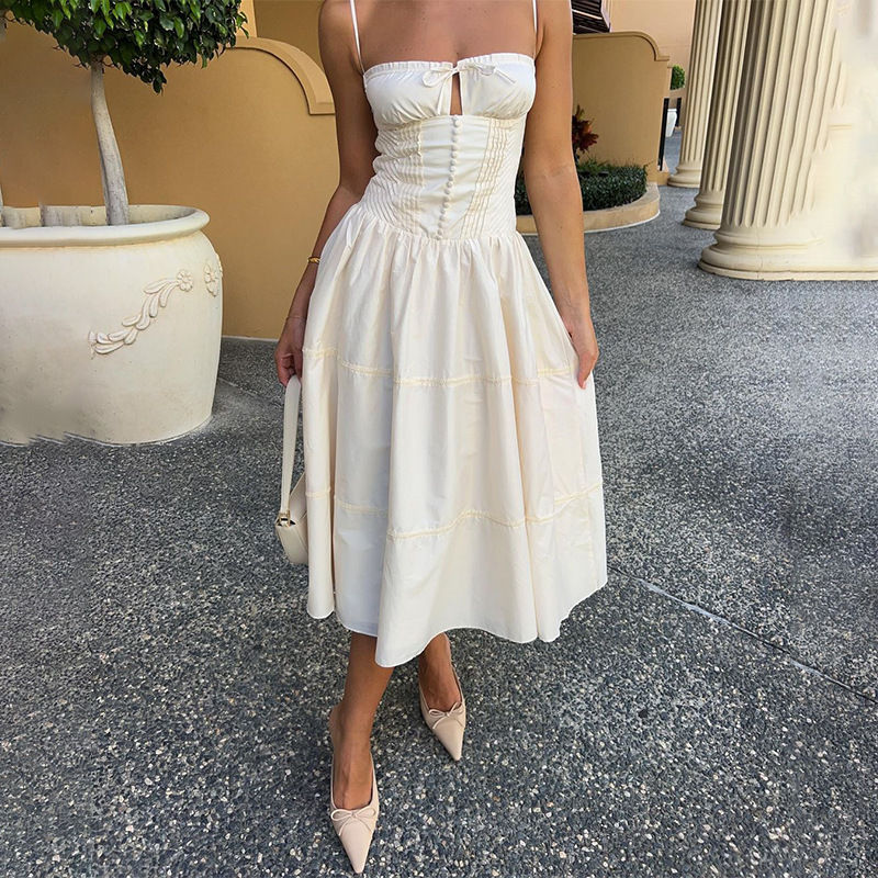 Thumbnail: French Suspender Long Dress with Lace-up Detail – The Desert Muse Dress