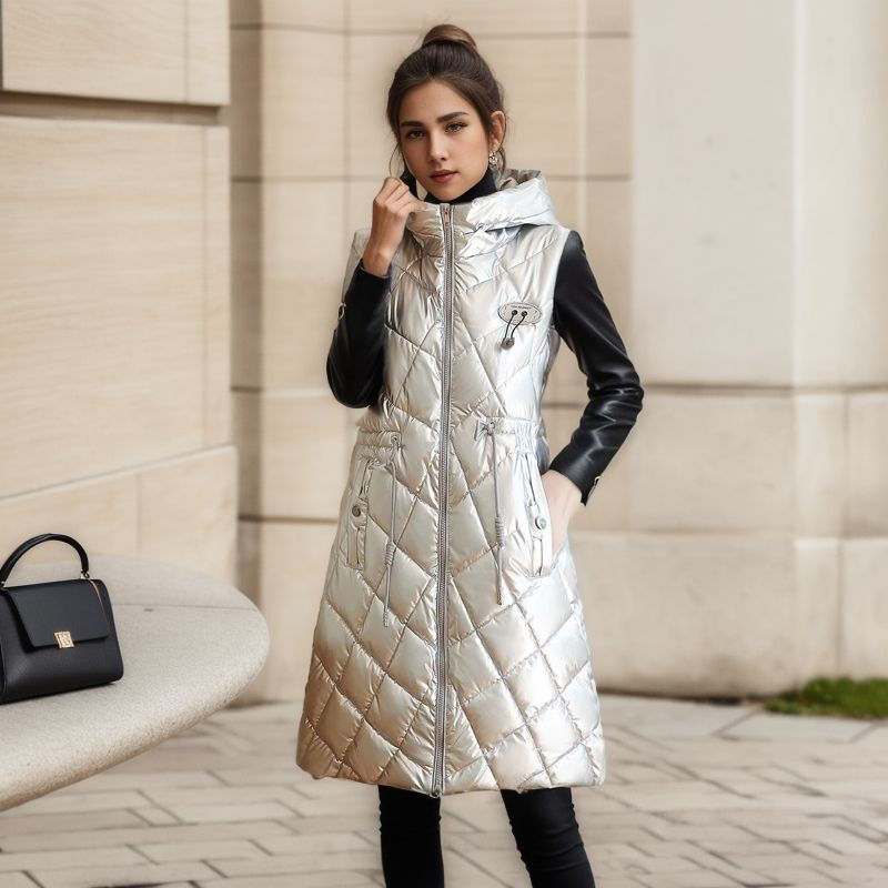 Thumbnail: Glossy Sleeveless Hooded Puffer Vest