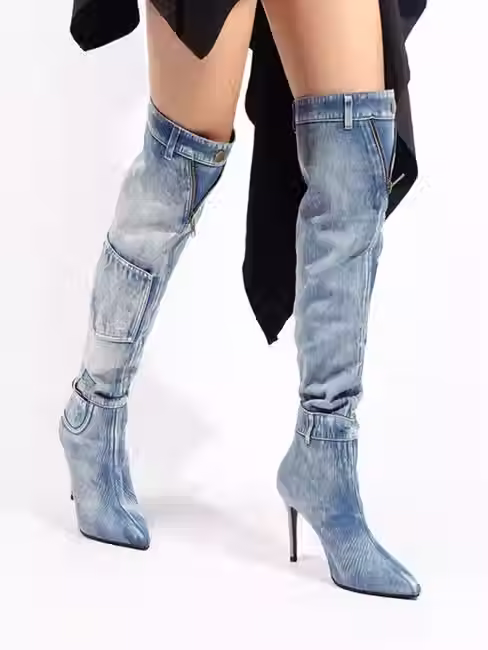Chic Denim Allure Over-The-Knee Slim High Heel Boots