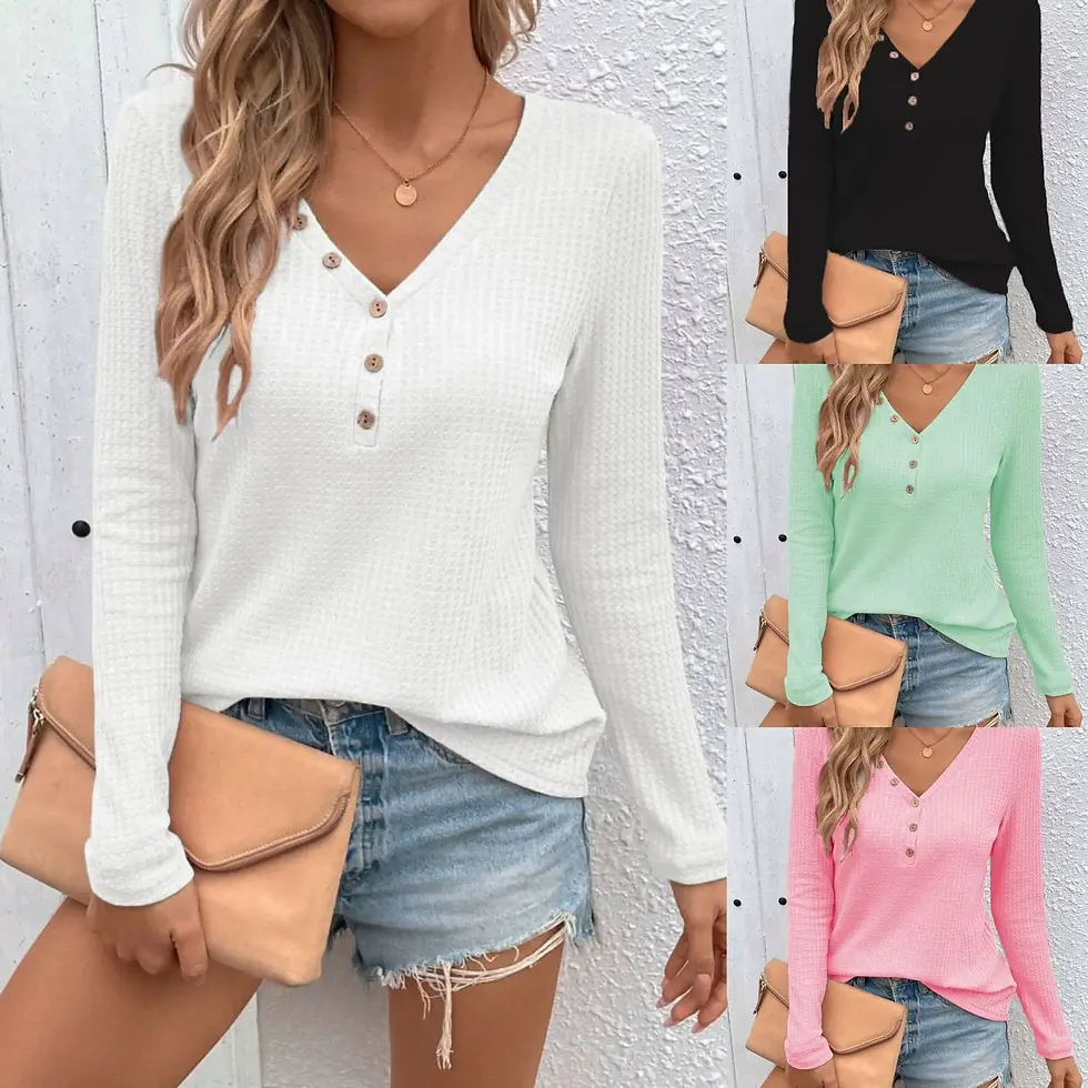 Waffle V-Neck Buttons Long Sleeve Blouse