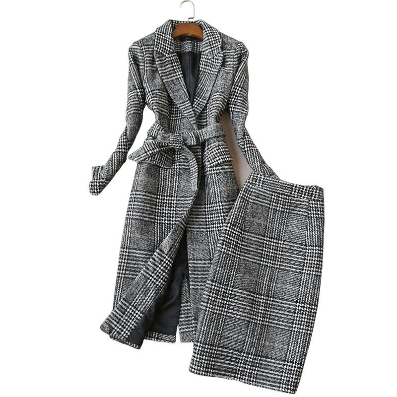 Thumbnail: Plaid Woolen Coat & Skirt Set