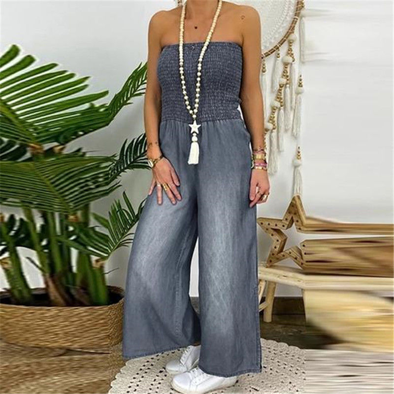 Thumbnail: Azure Cascade – Artisan Shirred Wide-Leg Jumpsuit