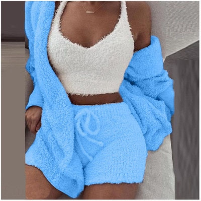 Thumbnail: Winter Home Wear Pajamas Set  Soft Warm Long Sleeve Navel Vest Shorts Set