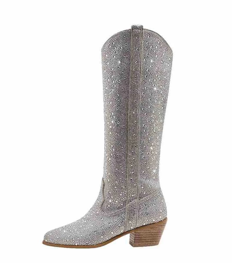 Rhinestone pointed toe straight boots for a dazzling and fashionable ensemble