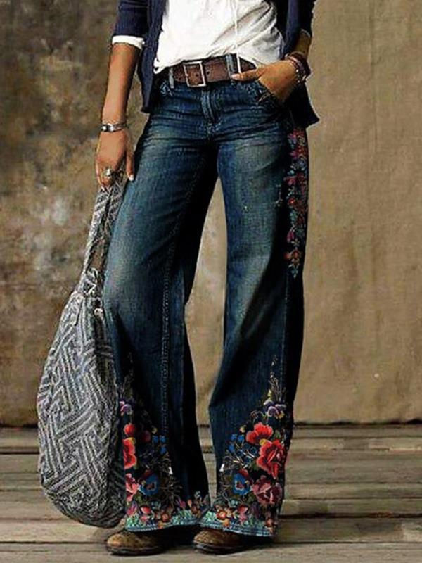 Thumbnail: Flower Print Straight-Leg Denims
