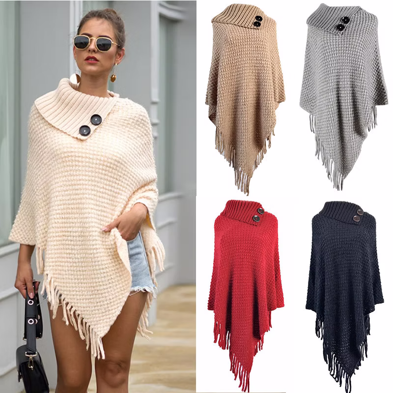 Buttoned Half-open Collar Tassel Cape Shawl