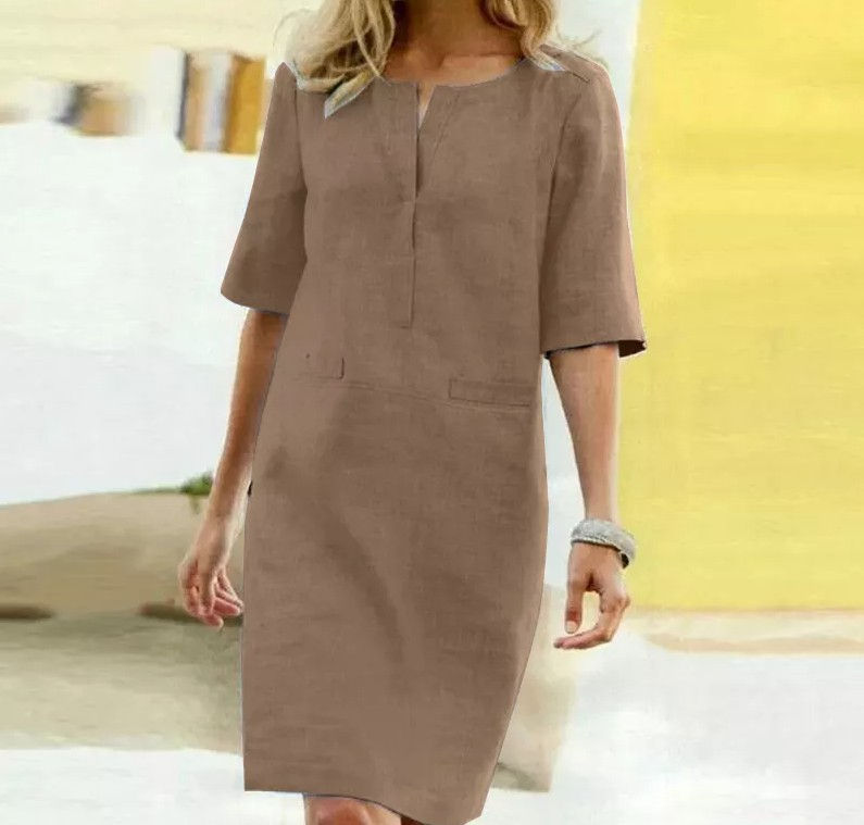 Thumbnail: Printed V-Neck Cotton Linen Dress