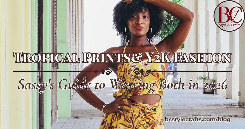 Woman in yellow tropical print halter co-ord set on a city street — tropical prints and Y2K fashion guide 2026 by Sassy Stitch at BC Style & Crafts