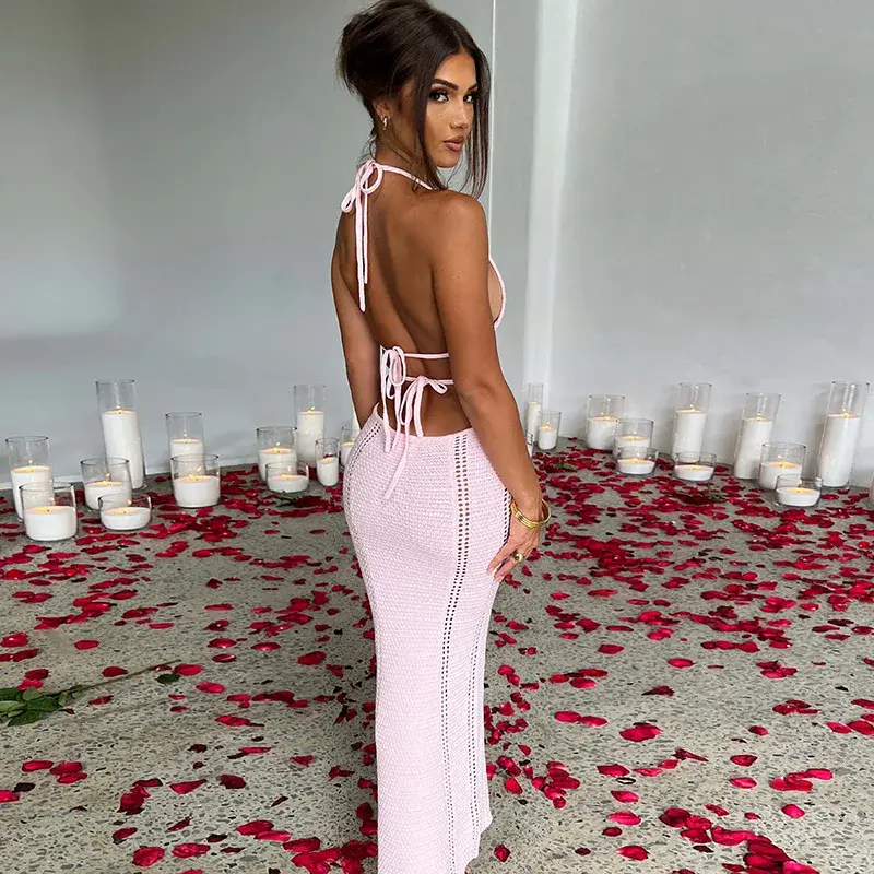 Thumbnail: Halter Chest Wrap Hollow Out Lace-Up Dress