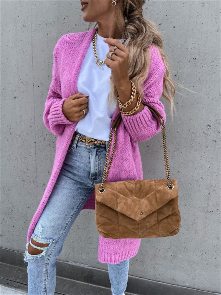 Thumbnail: Solid Color Long Sleeve Knit Cardigan Jacket