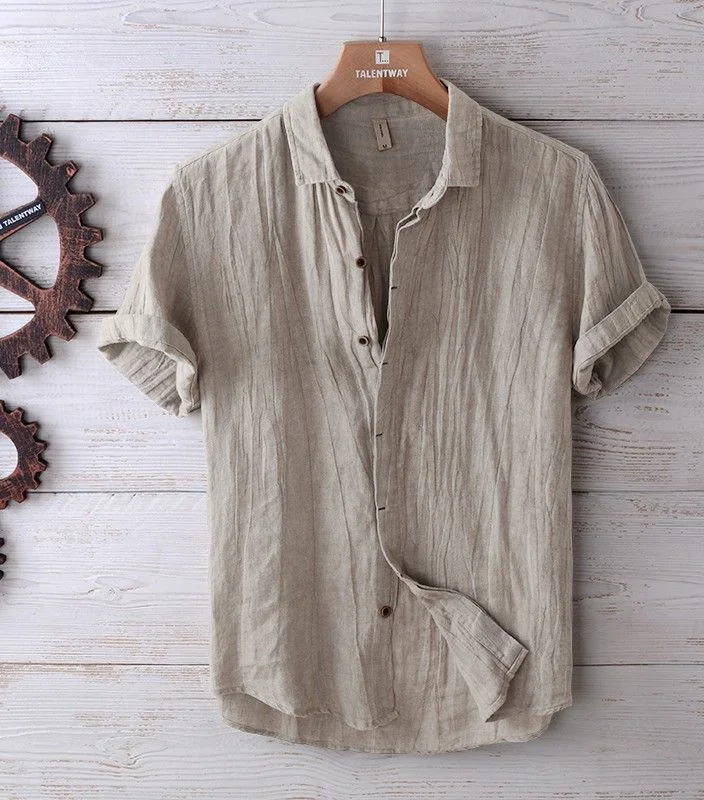 Solid Color Retro Distressed Linen Shirt - A vintage-inspired linen shirt with a distressed finish, perfect for a casual yet stylish look