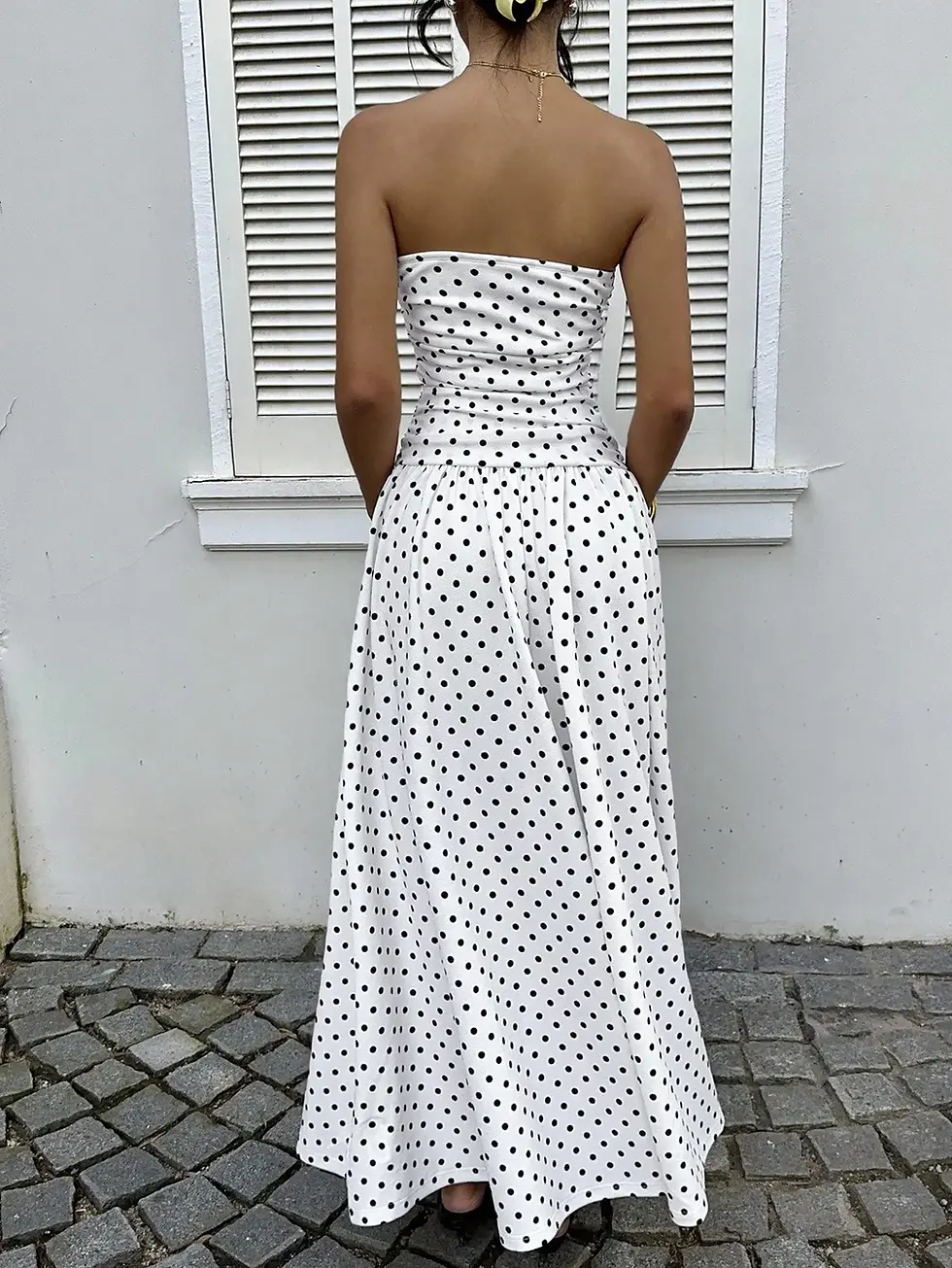 Thumbnail: Polka Dot Ruffle Hem Strapless Maxi Dress