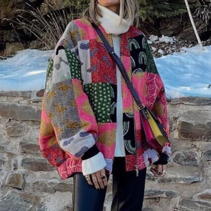 Loose Geometric Printed Sweater Coat
