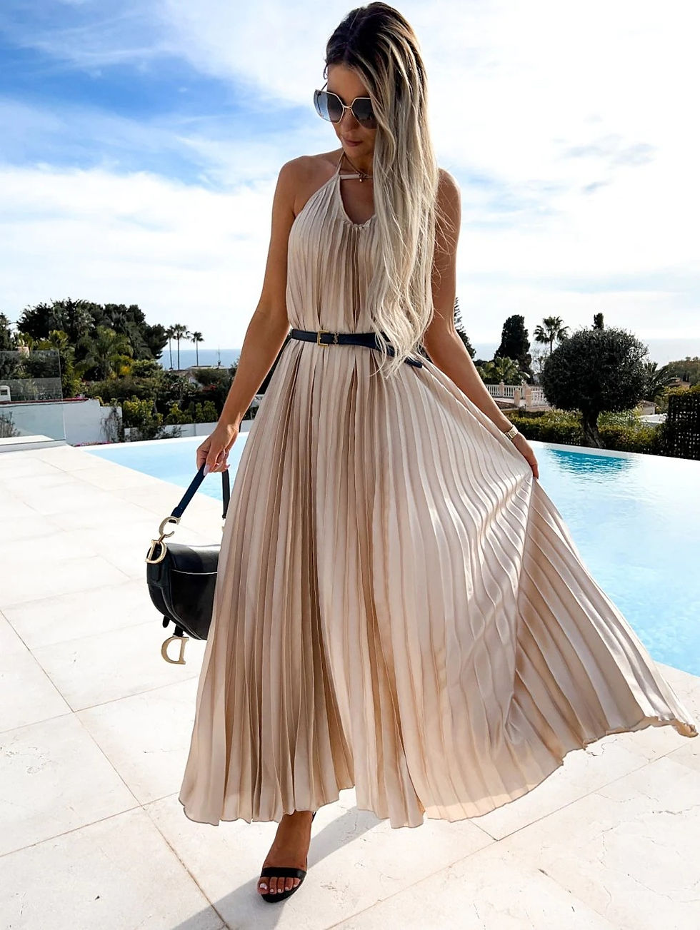 Thumbnail: Pleated Suspender Maxi Dress with Belt