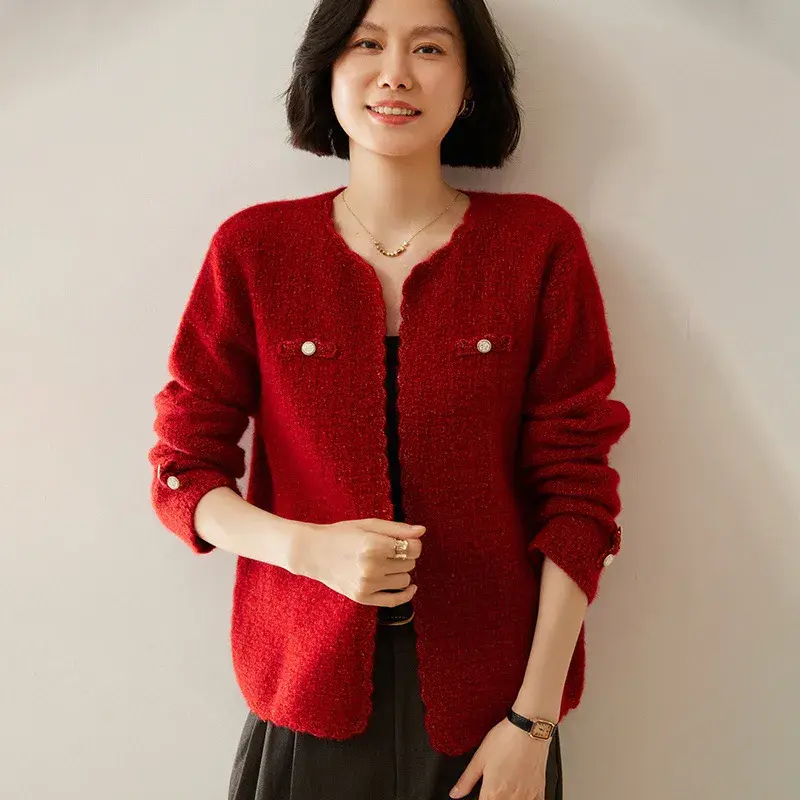 Thumbnail: Round Neck Cashmere Knit Cardigan