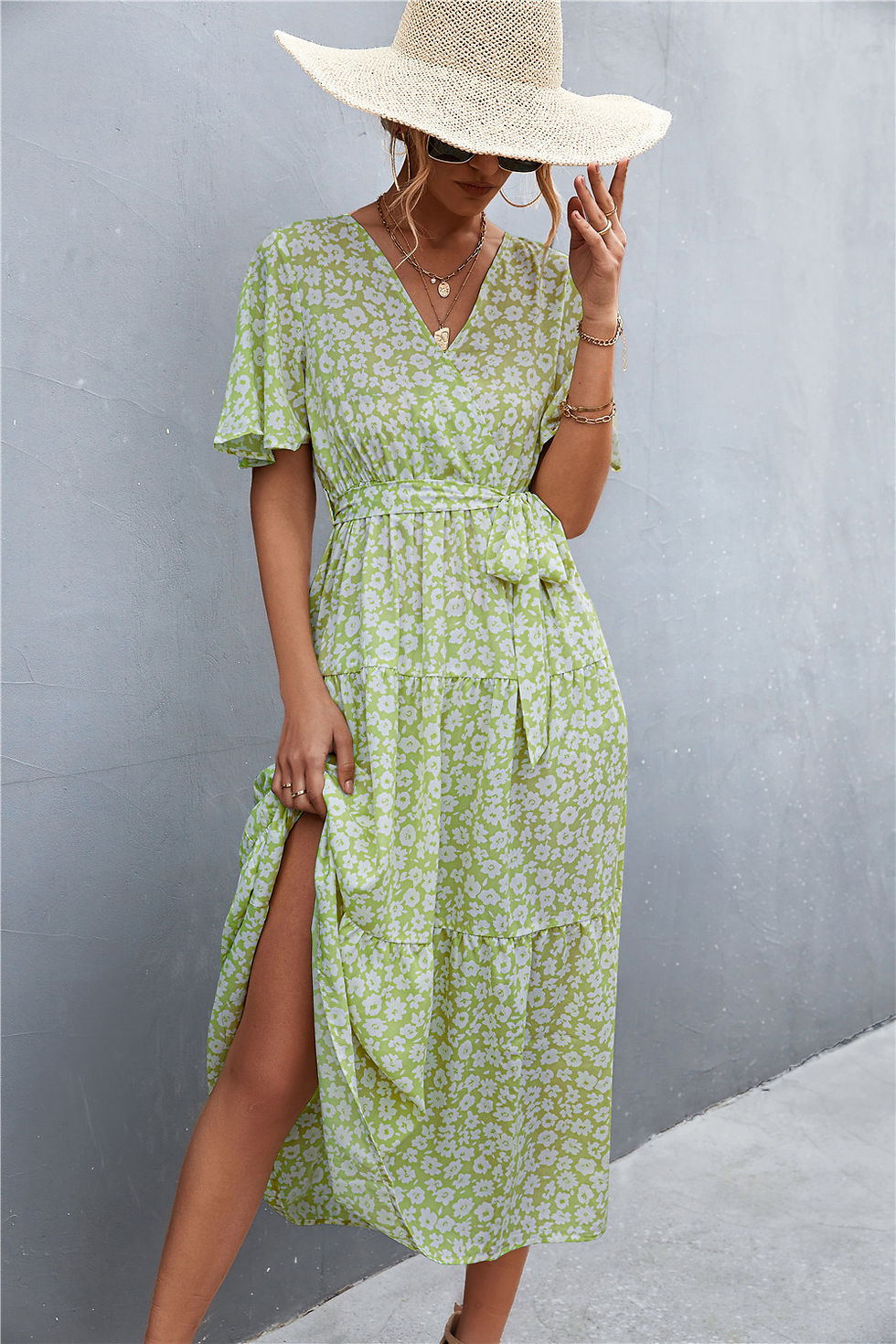 Thumbnail: V-Neck Polka Dot Floral Dress