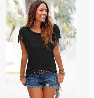 Thumbnail: Round Neck Short Sleeve Tassel Cotton T-Shirt