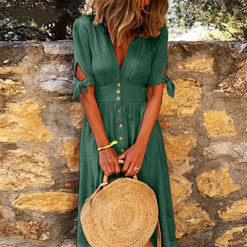 Thumbnail: Casual Short Sleeve V-Neck Button Plus Size Linen Dress