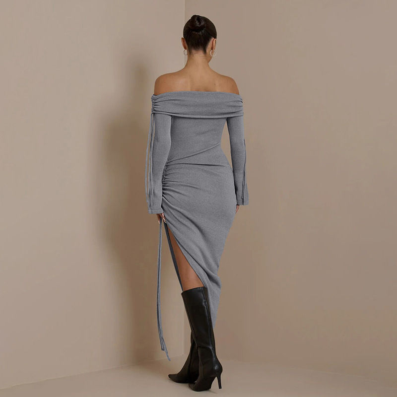 Thumbnail: Gray Off-Shoulder Long Sleeve Knit Dress