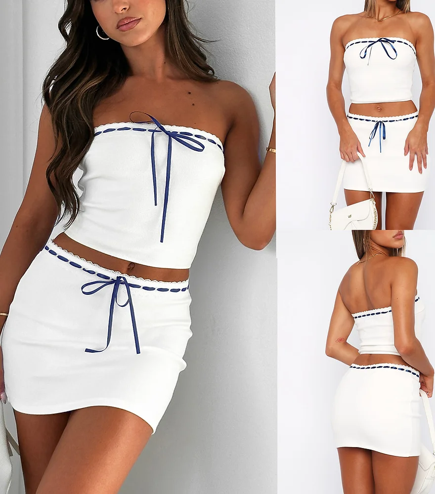 Lace-up Slim-fit Mini Set. Modern and chic summer suit featuring a flattering slim fit and playful lace-up details. Stay cool and stylish in warm weather.