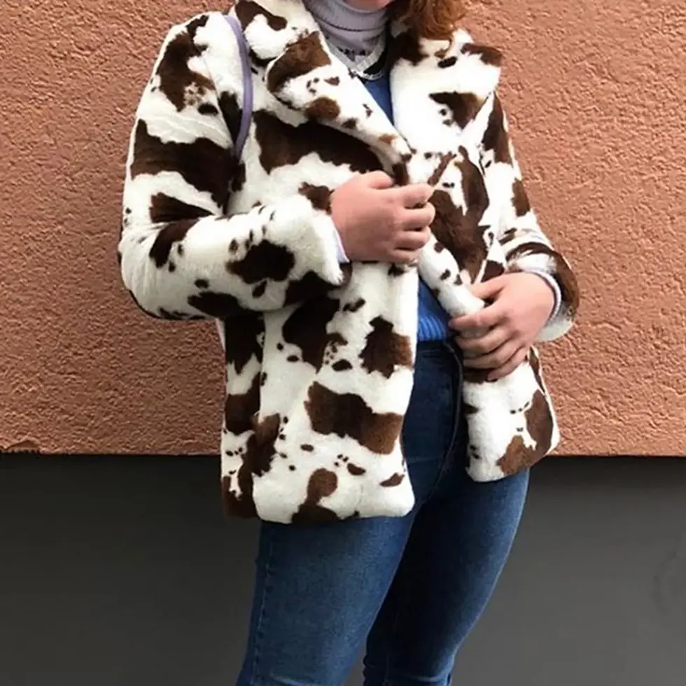 Thumbnail: Cow Pattern Rabbit Fur Loose Jacket