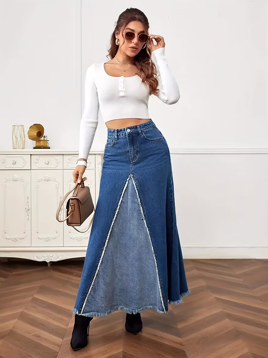 L’Aube Éternelle – Patchwork Denim Swing Skirt