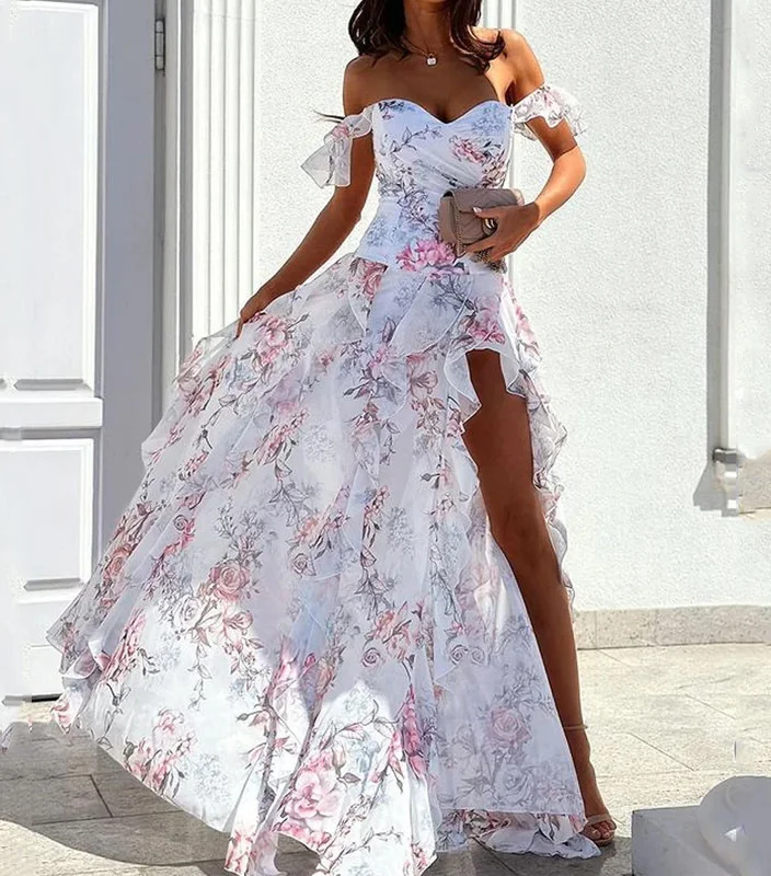 Floral Radiance Off-Shoulder Elegance Dress - Embrace the Spring 2024 Fashion Trend with this Stunning Off-Shoulder Dress
