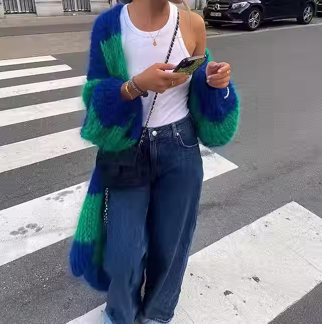 Contrast Color Stripes Large Sweater Coat