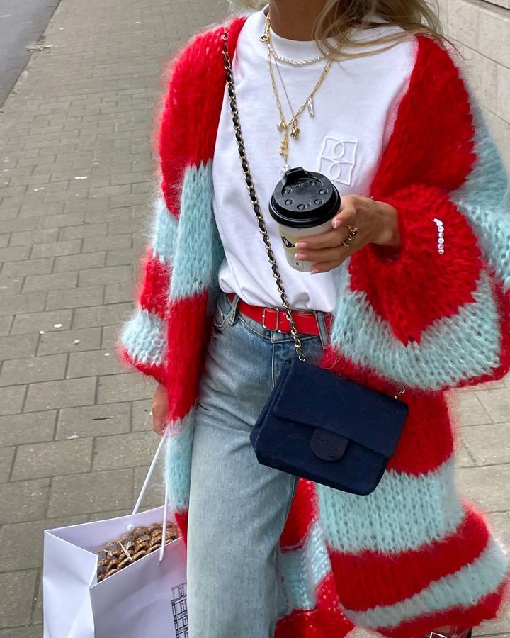 Thumbnail: Contrast Color Stripes Large Sweater Coat