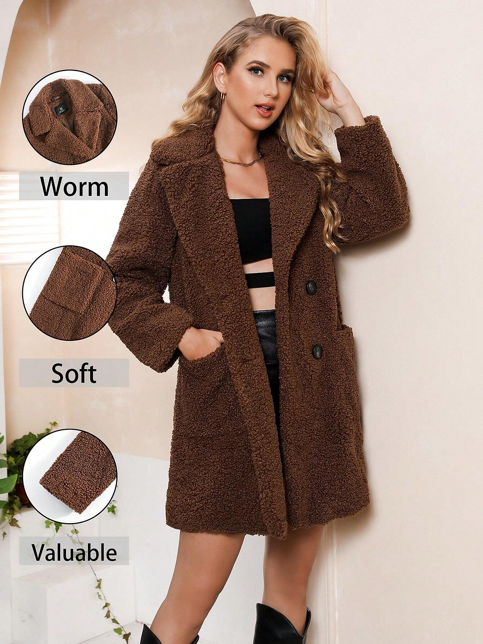 Thumbnail: Brown Teddy Fleece Lapel Overcoat